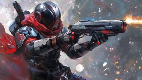 Armored space operative with plasma sidearm, digital painting.