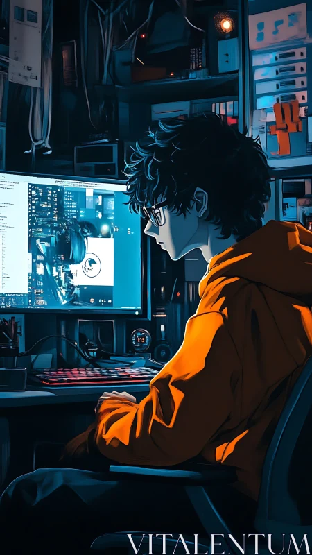 Young coder focused at dual monitors in dark workspace.