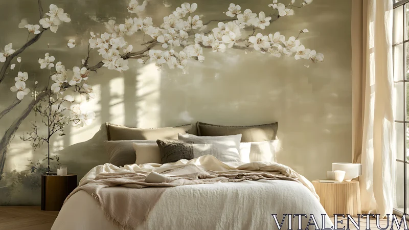 Blossom-kissed sanctuary bed under soft morning hush.