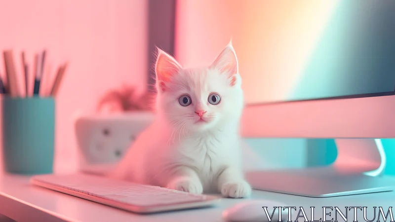 White Kitten on Gradient Workspace. Digital Illustration.