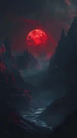 Blood-red moon above misty ravine in alien mountain range.