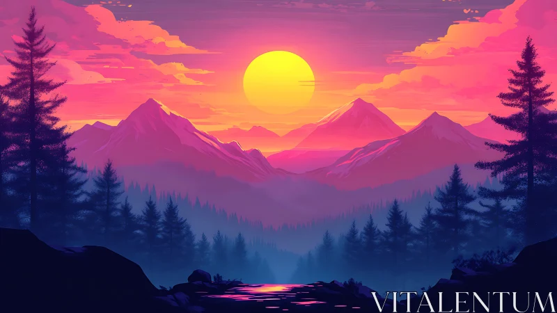 Neon dusk mountains cradle a painted sherbet sun quietly.