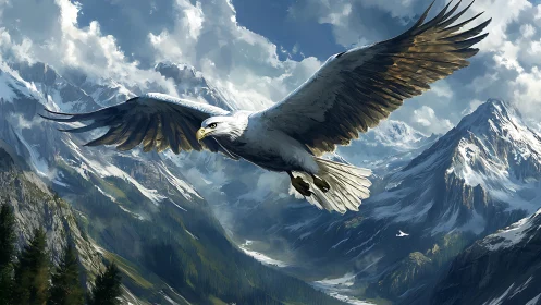 Majestic eagle soaring over snowy mountain landscape, digital art.