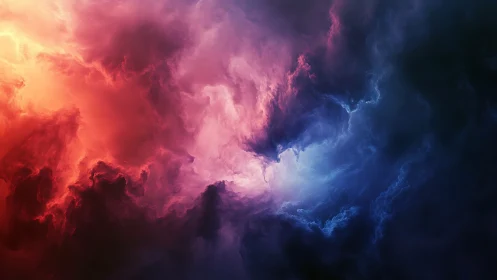 Vibrant cosmic nebula with red, violet, and blue storm clouds.
