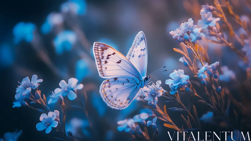 Butterfly resting in dreamy blue twilight meadow.