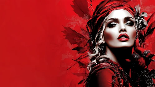 Crimson muse in dramatic red with bold, luminous beauty.