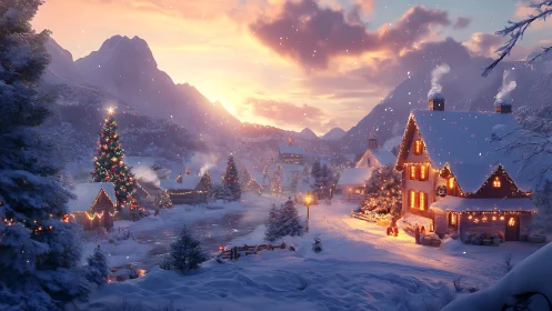 Snowy alpine village glowing with festive Christmas lights.