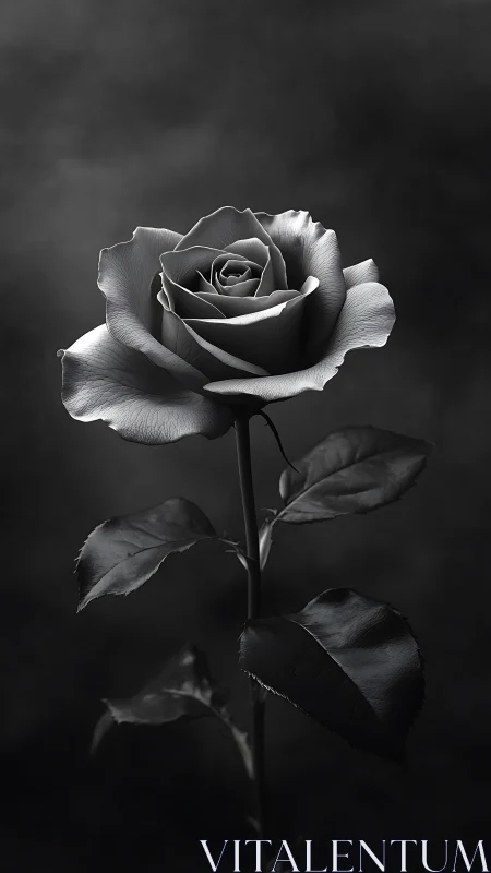 Rose photographed in monochrome against dark backdrop.