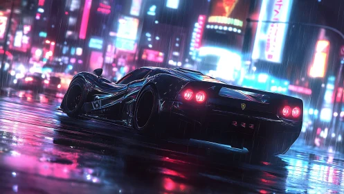 Midnight hypercar in neon drenched cyberpunk rainscape.