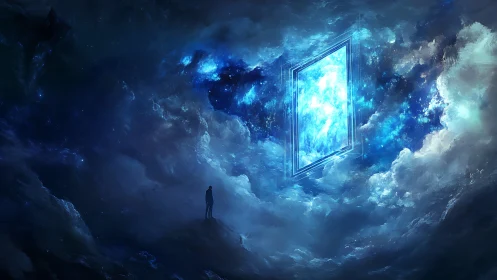 Solitary wanderer before luminous cosmic gateway portal.
