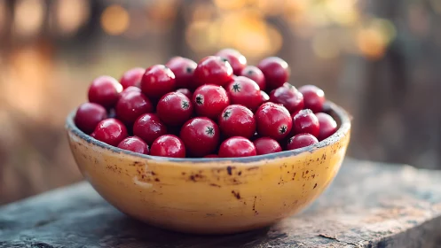 Harvest-bright red berries rest in a rustic yellow bowl outdoors