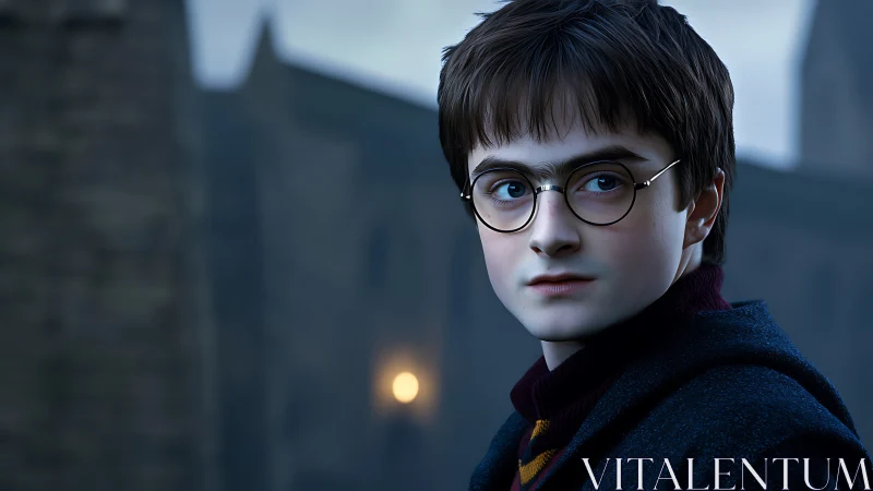 Young bespectacled boy in uniform before stone building.