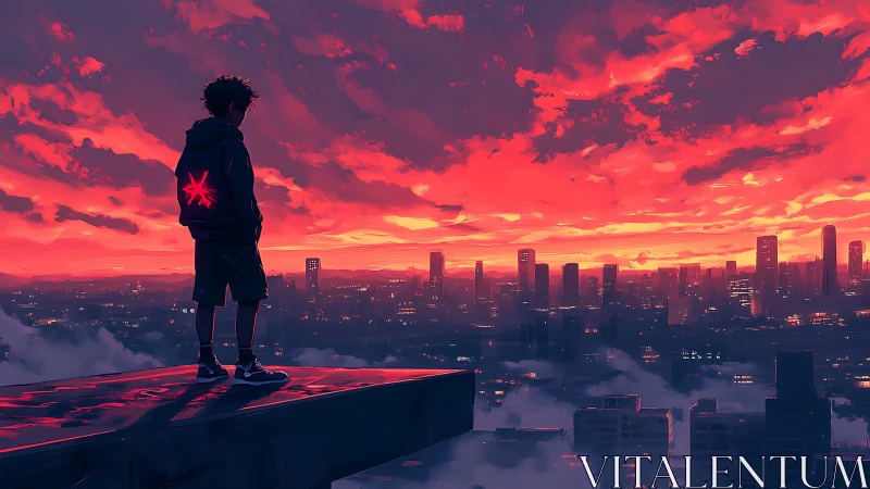 Skyline dreamer on a neon dusk ledge above sleeping city.