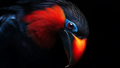 Striking close-up portrait of exotic parrot in dramatic lighting.