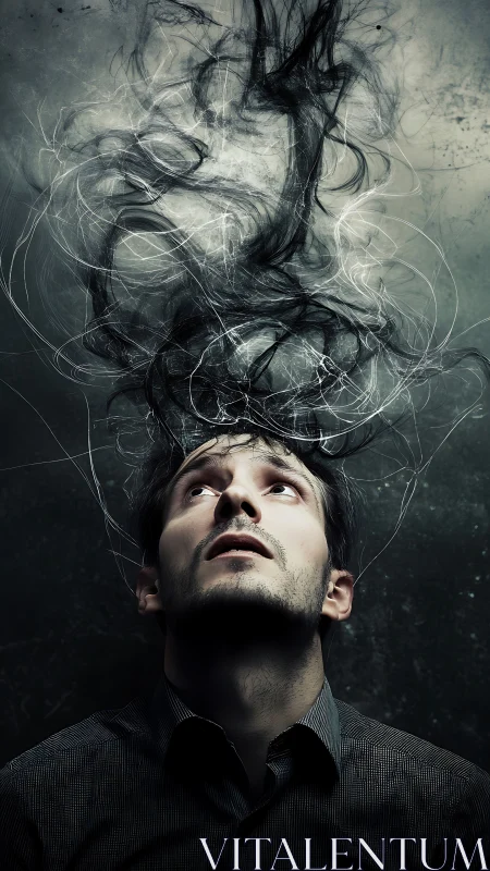 Man gazes upward as dark swirling smoke emerges overhead.