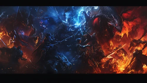 Epic fantasy warriors clash with elemental dragon hordes.