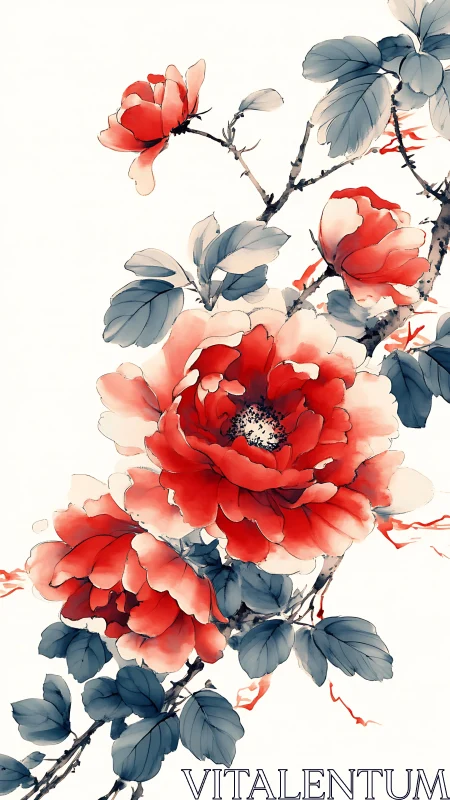Red peonies bloom with delicate grace. Watercolor botanical art.