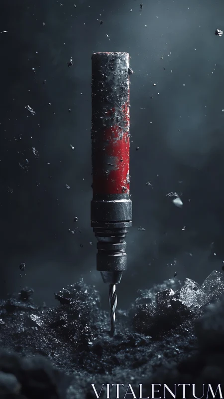 Suspended red power drill bit penetrates fractured debris field