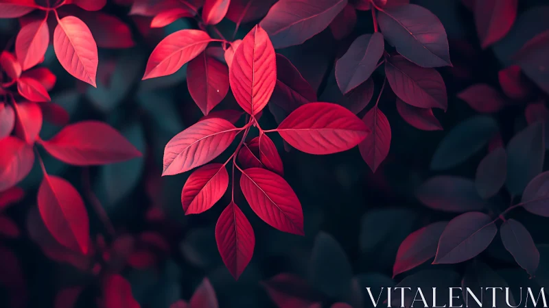 Crimson hush of twilight leaves in a velvet forest glow.