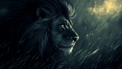 Side profile lion illustration in dark grassland lighting.
