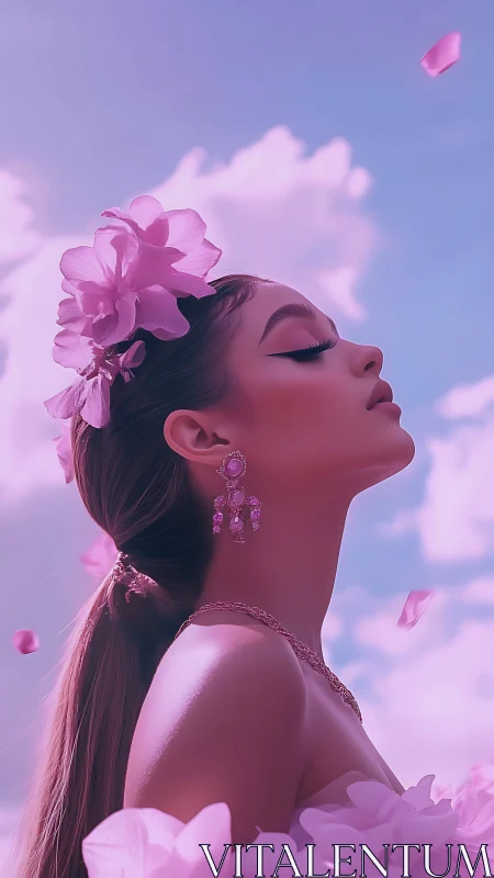 Profile portrait of woman with pink flowers and sky backdrop.