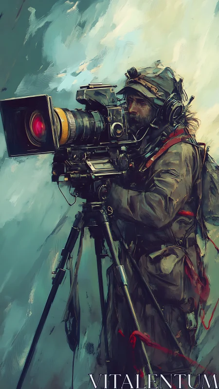 War correspondent films through stormy painted skies.