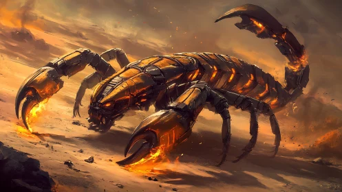 Molten cybernetic scorpion charging through burning desert.