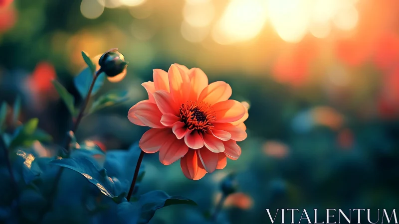 Coral Dahlia Bloom Illuminated Against Blurred Warm Bokeh.