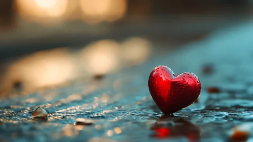 Red Heart Rests on Wet Stone.