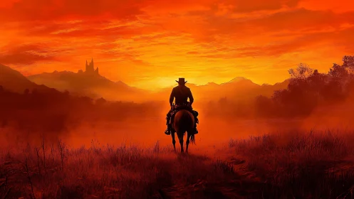 Lone rider crosses a fiery sunset frontier in silence.