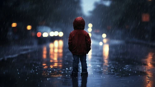 Backlit child in red raincoat on wet city street at dusk