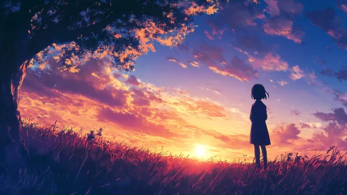 Sunset watcher beneath a dreaming tree on emberlit plains.