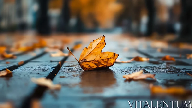 Autumn leaf macro on wet pavement with cinematic depth of field.