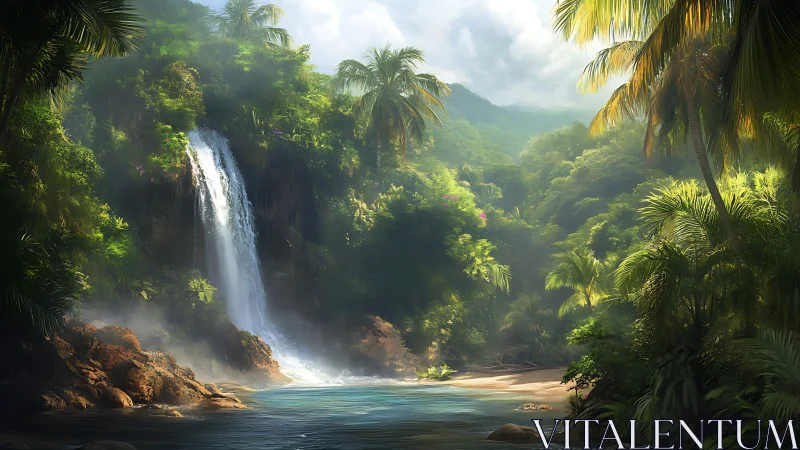 Tropical waterfall cascade through dense jungle valley.