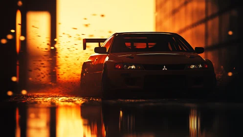 Racing coupe powers through sunset city street scene.