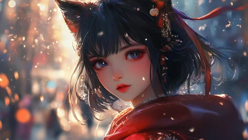 Fox-eared anime girl in glowing bokeh street portrait scene