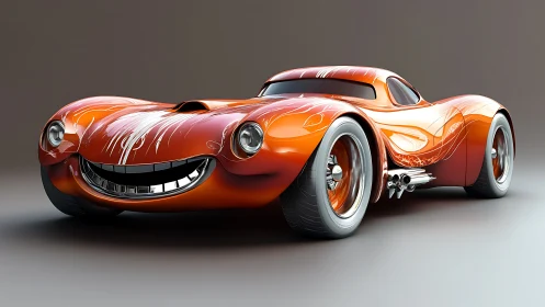 Smiling orange concept car with fluid curves and chrome details.