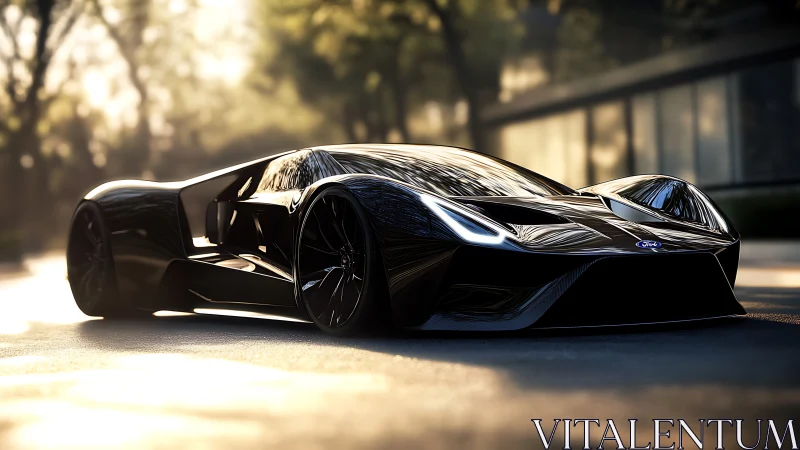 Black futuristic Ford supercar reflects soft urban sunlight