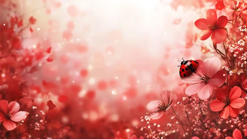 Ladybug on Red Cosmos Flowers with Bokeh Lighting.