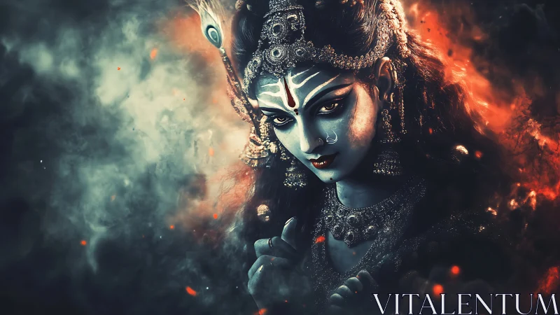 Divine warrior goddess emerges through fire and smoke