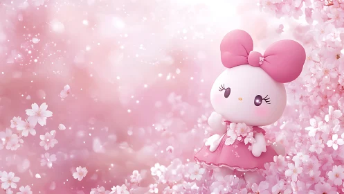 Pink cartoon bunny figure among soft cherry blossoms.