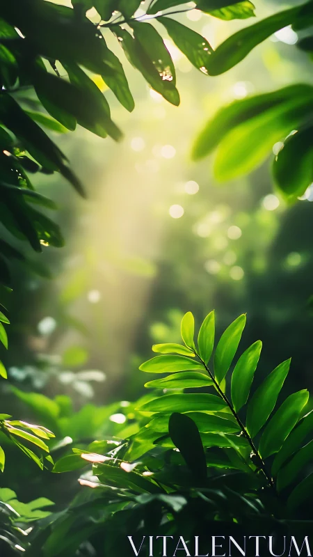 Sunlit green foliage with narrow depth of field in frame.