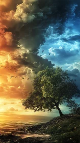 Surreal coastal tree under split day-night sky panorama.