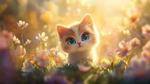 Kitten Among Wildflowers in Golden Sunlight.