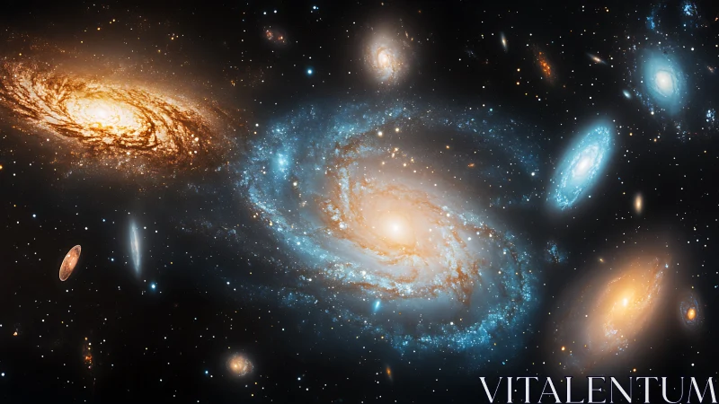 Spiral galaxies drift through dense starfield in deep space