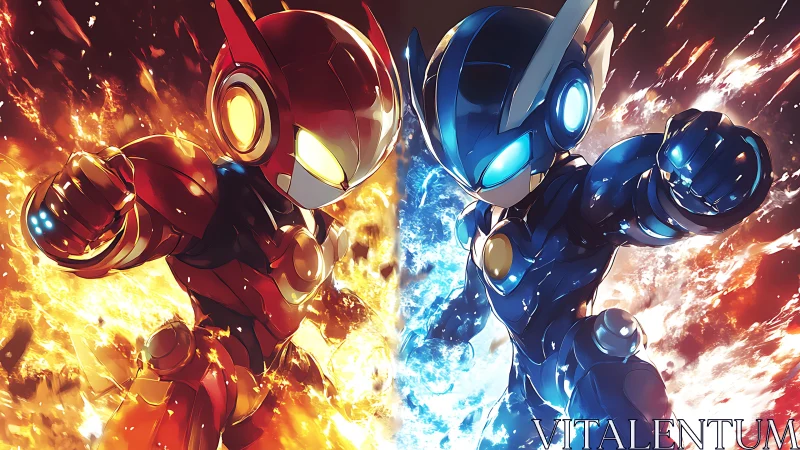 Fire and ice mecha warriors collide in blazing combat