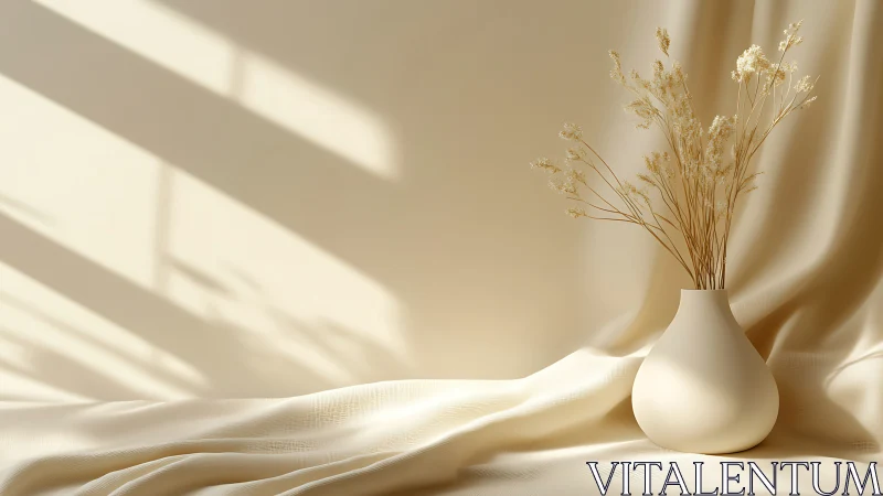 Minimalist beige vase with dried flowers on draped fabric.
