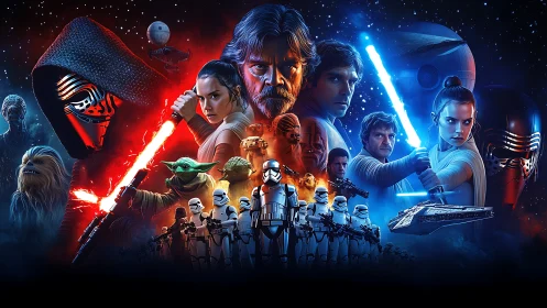 Starlit clash of sabers ignites a cosmic saga collage.