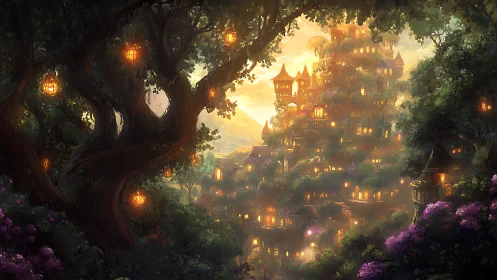 Glowing fantasy forest city built into towering hillside.