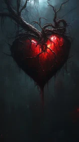 Crimson Heart Ensnared by Skeletal Vines.